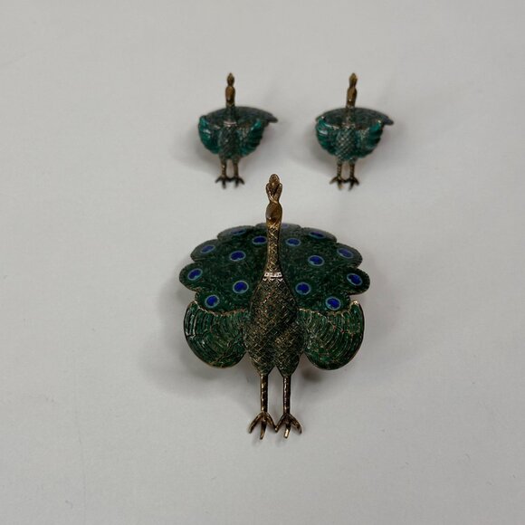 Vintage Peacock Brooch Pin & Earrings Set Sterling Siam Enamel Articulating - Picture 5 of 10